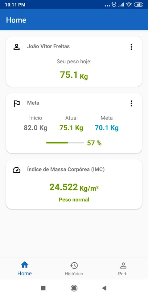 Balança Diária screenshot: Home screen with today’s weight, goal and BMI