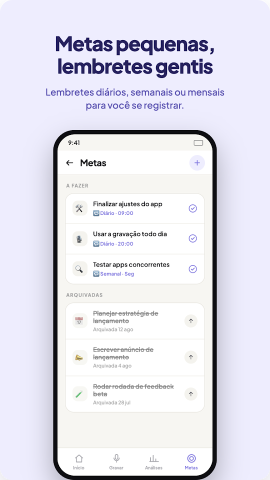 Captura de tela do Spokn: Metas pequenas, lembretes gentis